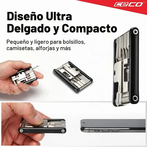 Vista 2 de CECO USA Herramienta de bicicleta de 17 funciones con rompedor de cadena, multiherramienta para bicicleta, ultra delgada, tamaño de bolsillo