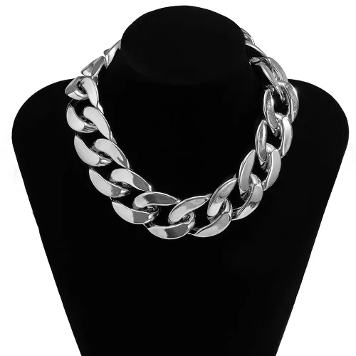 Vista 2 de Gargantilla de cadena de eslabones cubanos punk, collar ligero y grueso, collar de eslabones ovalados, joyería de hip hop para mujer (plateado)