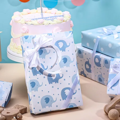 Vista 4 de woric Rollo de papel de regalo reversible para baby shower, de 17 pulgadas x 33 pies, papel de regalo para bebé niño con diseño de elefante azul