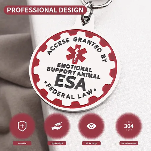 Vista 3 de Etiqueta de perro de apoyo emocional, etiqueta de identificación de metal para mascotas, etiqueta ESA, símbolo de alerta médica roja de doble cara