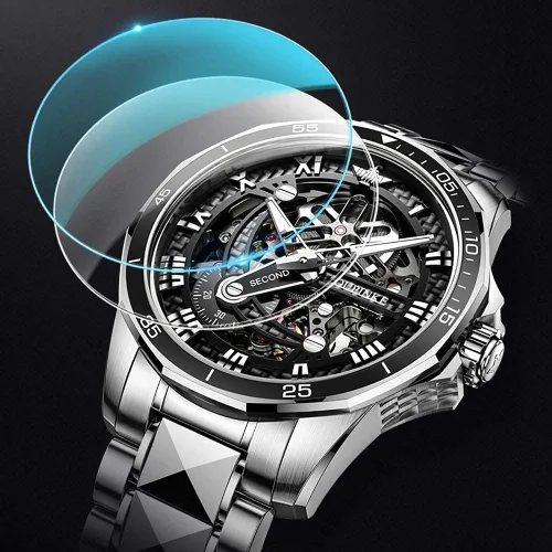 Vista 9 de OLEVS Mens Skeleton Automatic Watch Fashion Big Face Sapphire Crystal Roman Numerals Self Winding Watches Gold Silver Black Tungsten Steel Watch for