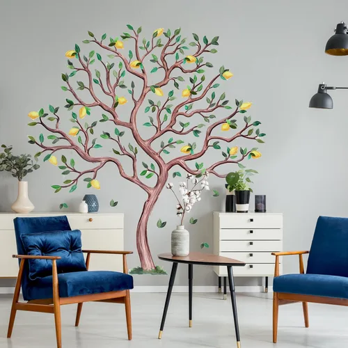 Vista 5 de Calcomanías de pared grandes de árbol de cítricos con acuarela, juego de calcomanías de limón o naranja (limón)