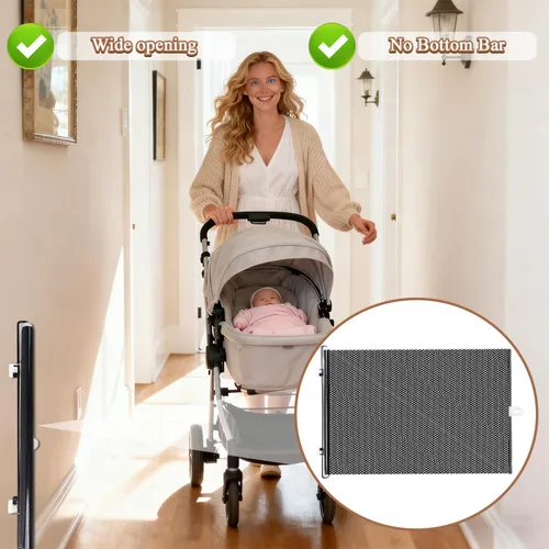 Vista 3 de Puertas retráctiles para mascotas, barrera retráctil extra ancha para mascotas, puerta a prueba de perros con 3 ganchos para puerta, cocina