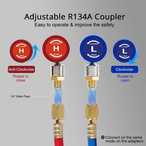 Vista 3 de YSTOOL Automotriz AC R134a Kit de acoplador rápido ajustable HVAC Conversión de conector alto y bajo con adaptador SAE macho de 1/4 de pulgada
