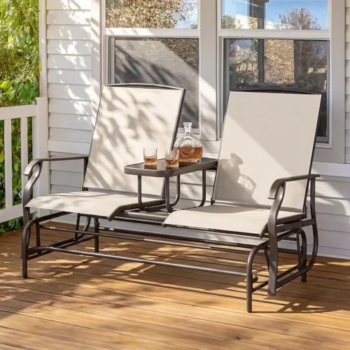 Vista 2 de Yaheetech Planeador de 2 asientos para exteriores con mesa central, sofá biplaza mecedora para patio con marco de metal resistente de malla Beige