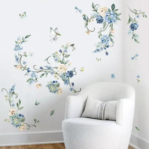 Vista 3 de wondever Calcomanías de pared con diseño de flores y vides, acuarela de rosas azules, calcomanías de arte de pared para dormitorio, sala de estar