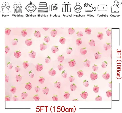 Vista 6 de Telón de fondo de fresa rosa para niñas, decoración de fiesta de cumpleaños, fondo de fotografía de fresa, suministros de baby shower, decoración
