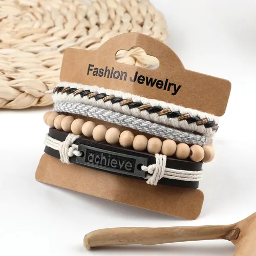 Vista 6 de Ritach Pulseras de cuero trenzado para hombres y mujeres, cuentas de madera, cuerdas de cáñamo, pulseras étnicas tribales, juego de pulseras