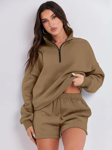 Vista 7 de Prinbara Women 2 Piece Outfits Fall Clothes Set Sweatsuit Oversized Half Zip Casual Short Set Lounge 2023 Trendy Sweat