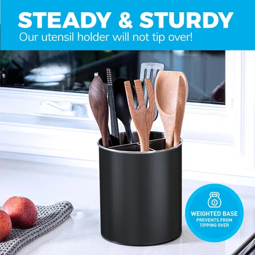 Vista 4 de Cooler Kitchen Portautensilios Giratorio Negro Extra Grande de Acero Inoxidable con Base Pesada Resistente Antivuelco, Divisor Extraíble e Inserto