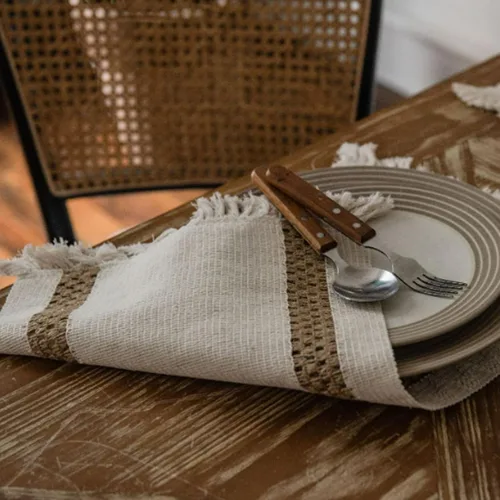 Vista 4 de Juego de 4 manteles individuales bohemios marrones tejidos de macramé, manteles de algodón y lino para decoración de cocina para mesa de comedor, 12