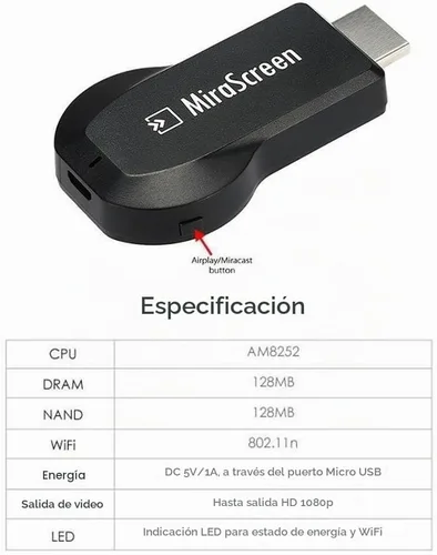 Vista 6 de SmartSee MiraScreen - Adaptador de pantalla inalámbrico Dongle 1080P HD para duplicar pantalla multimedia Stick para tableta Smartphone compatible