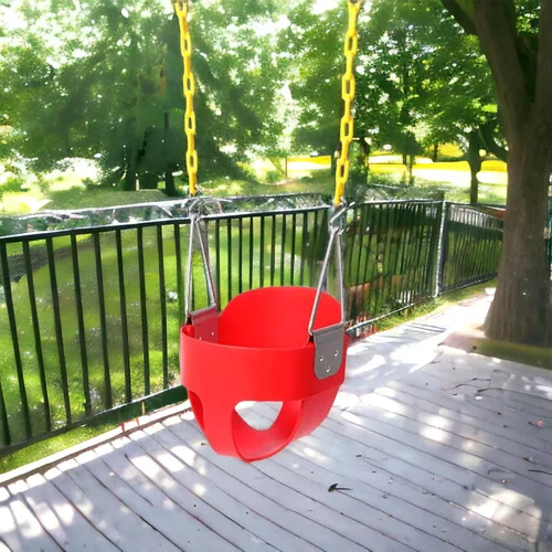 Vista 5 de Asiento de columpio para niño con respaldo alto y respaldo alto Cadenas de columpio revestidas totalmente montadas Juego de columpio rojo