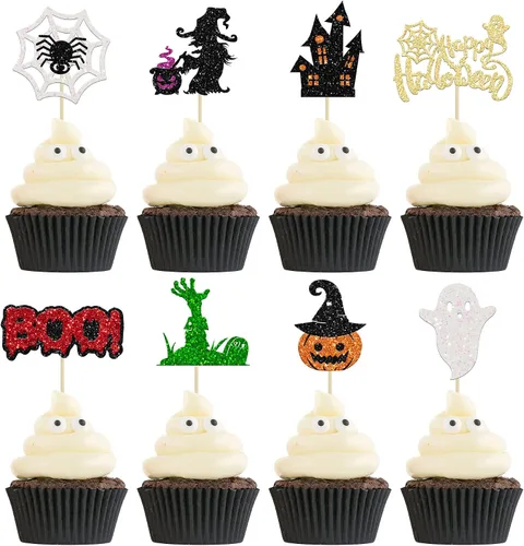 Vista 22 de Ephlyn 24 adornos negros para tartas de Halloween con purpurina fantasma Negro Halloween