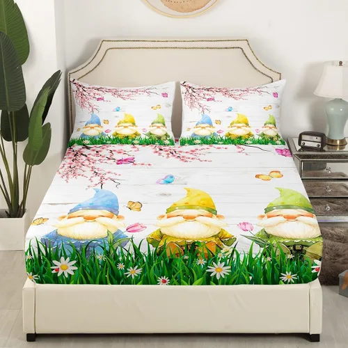 Vista 3 de Manfei Sábana bajera ajustable de flor de durazno, tamaño individual, funda de cama de gnomo de primavera con 1 funda de almohada, juego de ropa