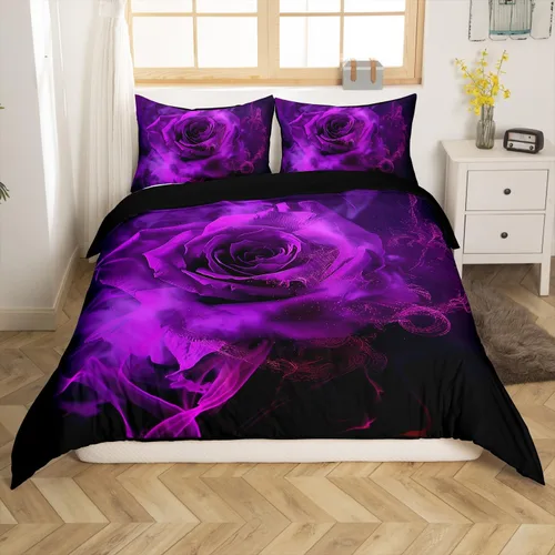 Vista 16 de Juego de funda de edredón de rosa roja, tamaño matrimonial, juego de ropa de cama floral color rojo degradado y negro para niñas, mujeres, niños
