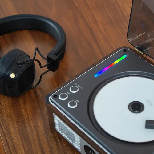 Vista 6 de Reproductor de CD retro para el hogar, reproductor portátil con Bluetooth y Marrón