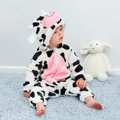 Vista 4 de GRNSHTS Newborn Baby Cartoon Cows Warm Flannel Hooded Romper Unisex Baby Animal Costume Winter Autumn Jumpsuit