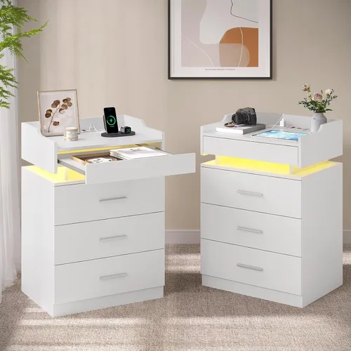 Vista 10 de HAUOMS Mesita de noche grande con estación de carga y luz LED, mesa auxiliar con 3 cajones y estante extraíble, mesita de noche con puertos USB