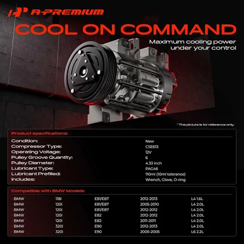Vista 2 de A-Premium Compresor de aire acondicionado con embrague compatible con BMW 320i 2005 2.2L, 320i 2012-2013 2.0L, 120i 2005-2012 2.0L, 118i 2012-2013