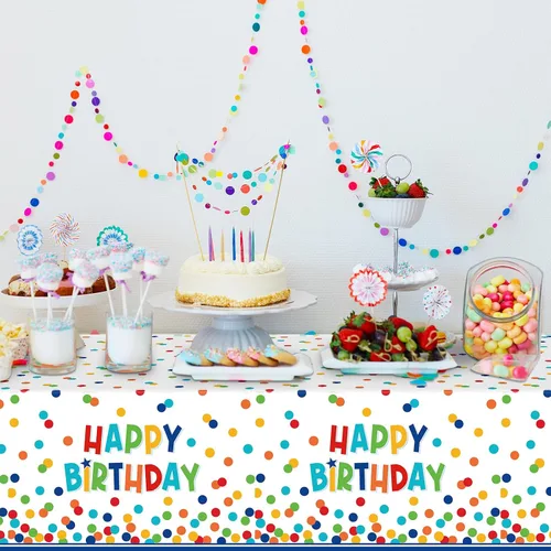 Vista 5 de Paquete de 1 mantel de plástico para decoración de cumpleaños, manteles desechables de lunares coloridos, mantel rectangular impermeable para niñas
