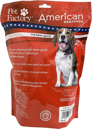 Vista 2 de Pet Factory American Beefhide - Golosinas masticables para perros de 3 a 4 pulgadas, sabor natural, 8 unidades/1 paquete