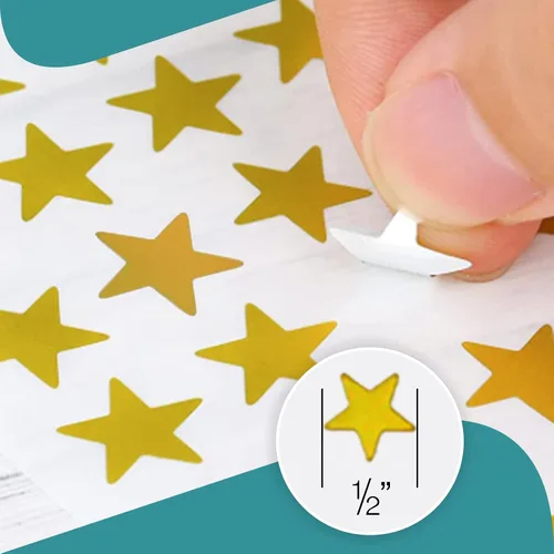 Vista 3 de Calcomanías de estrella de 1000 unidades. Calcomanías pequeñas doradas. Calcomanías de estrella de papel de aluminio de ½ pulgada de diámetro