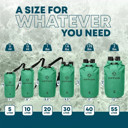 Vista 2 de Earth Pak Bolsa seca impermeable - Mochila impermeable con parte superior enrollable (verde espuma de mar, 30L y 5L)