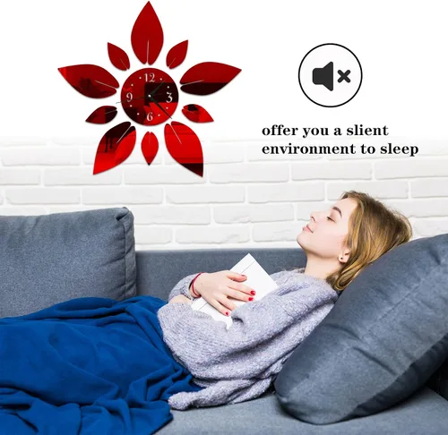 Vista 3 de Adhesivo de pared acrílico, diseño de flores en 3D Self-Adhesive Red Acrylic Crystal Material, Mirror Wall Clock For Home, Apartment And Indoor