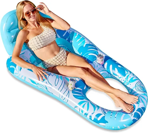 Vista 8 de Sloosh Flotadores inflables para piscina, tumbona para adultos, flotador de piscina flotante, silla reclinable flotante con portavasos y reposapiés
