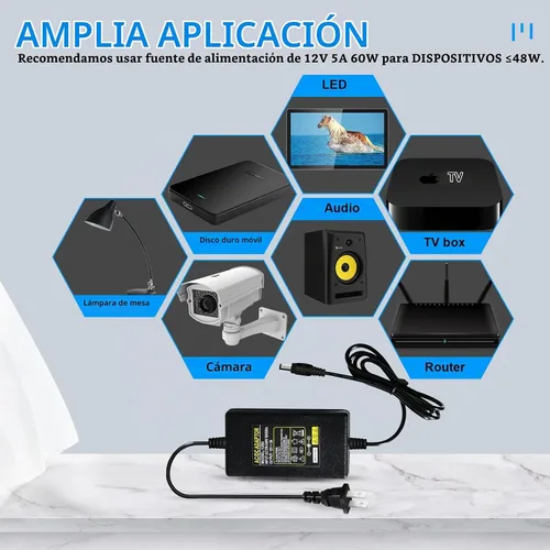 Vista 2 de YM E-Bright 12V 5A Fuente de alimentación DC/AC Adaptador de corriente Convertidor 5 Amp Transformador 100V -240V AC a 12V DC para luz de tira LED