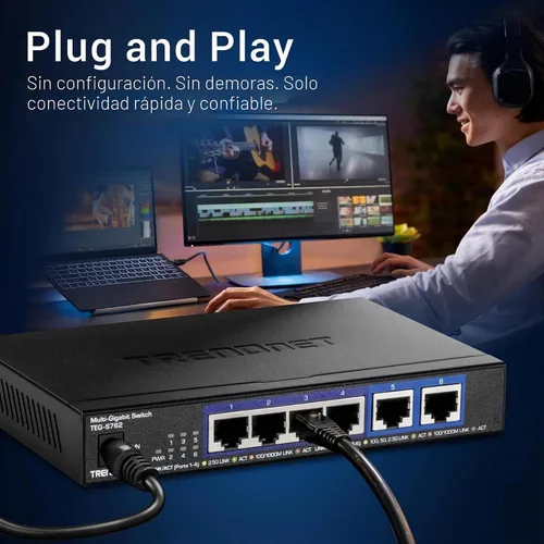 Vista 5 de TRENDnet Switch 10G de 6 puertos, 4 puertos 2.5G RJ-45 Base-T, 2 puertos RJ-45 10G, capacidad de conmutación de 60Gbps, montable en pared