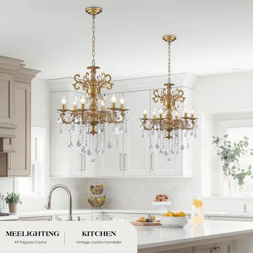 Vista 4 de Candelabros de cristal de bronce antiguo de lujo con lámpara colgante de vela, lámpara de techo de 6 luces de cristal dorado para comedor, sala