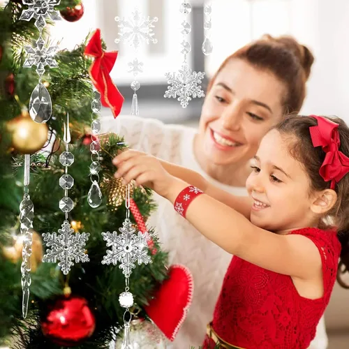 Vista 3 de 18 piezas de adornos de copo de nieve de cristal y carámbano para árbol de Navidad, adornos acrílicos colgantes de copo de nieve y carámbano