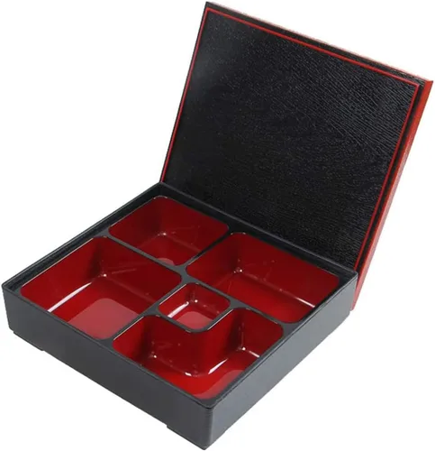 Vista 3 de TIKUSAN Fiambrera tradicional japonesa con tapa, laca, caja Bento hecha en Japón, estilo japonés, Jubako, 5 compartimentos, 10.2 x 10.2 x 2.4