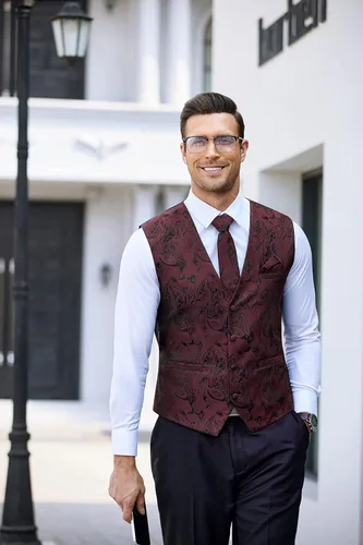 Vista 4 de COOFANDY Conjunto de chaleco de cachemira para hombre 3 piezas chaleco formal chaleco de esmoquin con bolsillo cuadrado