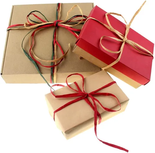 Vista 2 de 3 Rollos de Cinta de Rafia Roja y Verde Kraft de 1/4" por 150 Metros, 50 Metros Cada Rollo, Cordel de Papel de Embalaje para Navidad