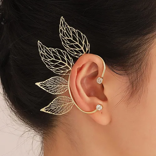 Vista 2 de Aretes de hada con orejas de elfo sin perforación, hojas doradas para mujer