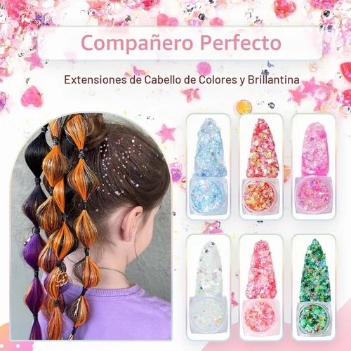 Vista 4 de Extensiones de cabello de colores, extensión de cabello liso con clip de 22 pulgadas, extensiones de cabello con brillantina multicolor arcoíris