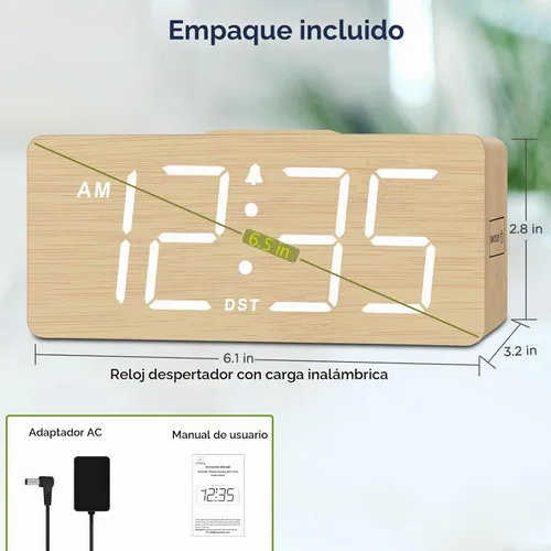 Vista 7 de DreamSky Wooden Digital Alarm Clock with Wireless Charging for Bedroom Bamboo