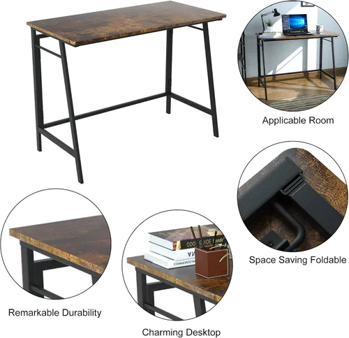 Vista 4 de ASTARTH Escritorio plegable de 40 pulgadas, mesa plegable que ahorra espacio, mesa de PC de estilo simple moderno, marco de metal negro, escritorio