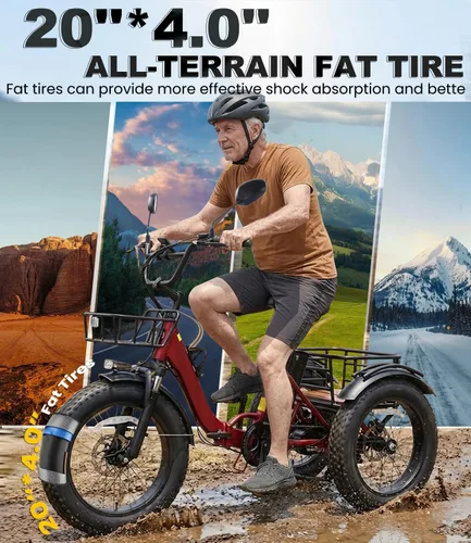 Vista 6 de KAKIGO Electric Tricycle for Adults,Peak 1350W Motor Etrike,48V15.6Ah Ebike,20"x4"Fat Tire Aluminum Folding Electric Trike,3-Wheel Electric