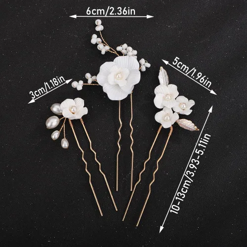 Vista 5 de Teyglen 3 horquillas para el pelo de boda, horquillas de flores para novia, flores y hojas, pinzas para el cabello de perlas para novia, accesorios