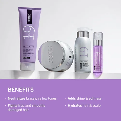 Vista 5 de Biotop Professional 19 Pro Silver Shampoo - Champú morado para neutralizar los tonos amarillos y cobrizos, hecho con aceite de girasol y vitamina E