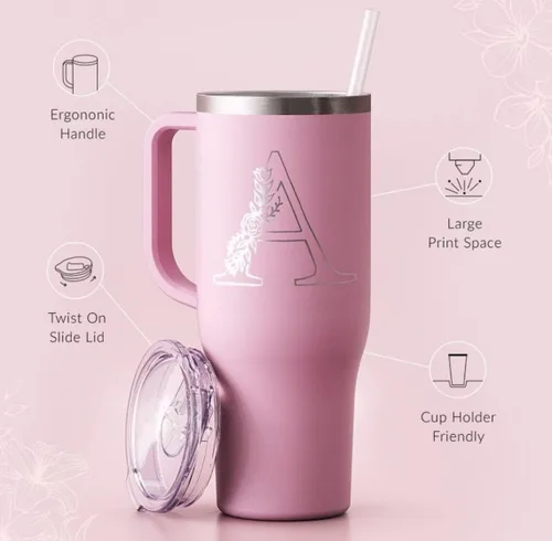 Vista 3 de Personalized Tumbler with Handle, Travel Mug, 40oz Stainless Steel Tumbler, Teacher Travel Mug with Straw, Charger Tumbler (Berry Ombre Glitter)