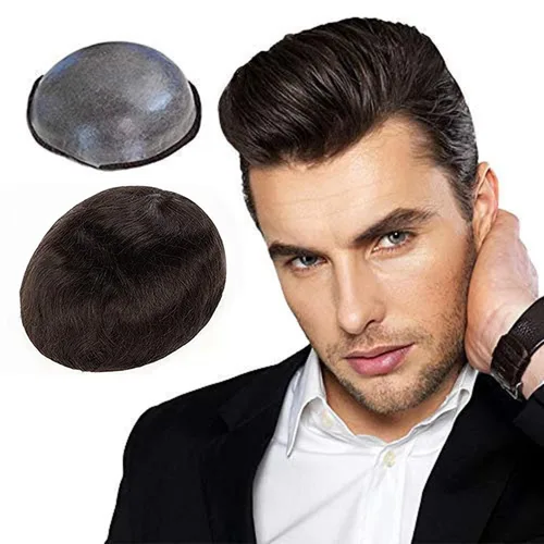 Vista 11 de Toupee para hombres, cabello humano para hombre, piezas de cabello de 0.002 in, piel suave y fina, un solo nudo, natural, ondulado, sistema