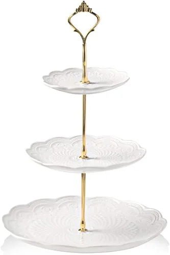 Vista 13 de Sweejar Soporte de cerámica para tartas de 3 niveles, soporte para postres, soporte para cupcakes, bandeja para servir pasteles de fiesta de té