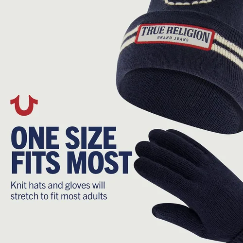 Vista 5 de True Religion Beanie Hat and Gloves Set, Cuffed Winter Knit Cap with Stitched Yarn Horseshoe Logo and Fleece Lined Mittens