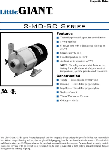 Vista 11 de Little Giant 580503 Bomba de accionamiento magnético semicorrosivo químico semicorrosivo de 115 voltios, 1/25 HP, 510 GPH 2-MD-SC, cable de 6 pies