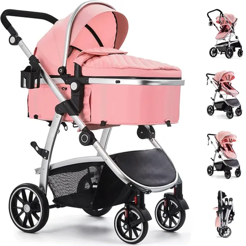 Vista 12 de Hagaday Cochecito de bebé, asiento reversible 2 en 1 para niños pequeños con modo moisés, cochecito infantil plegable con toldo, freno de un botón